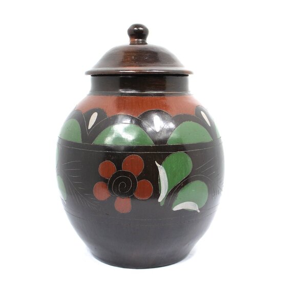 MEXICAN FOLK ART DARK BROWN CLAY POTTERY GINGER POT HAND-PAINTED FLORAL DESIGN - Picture 2 of 10